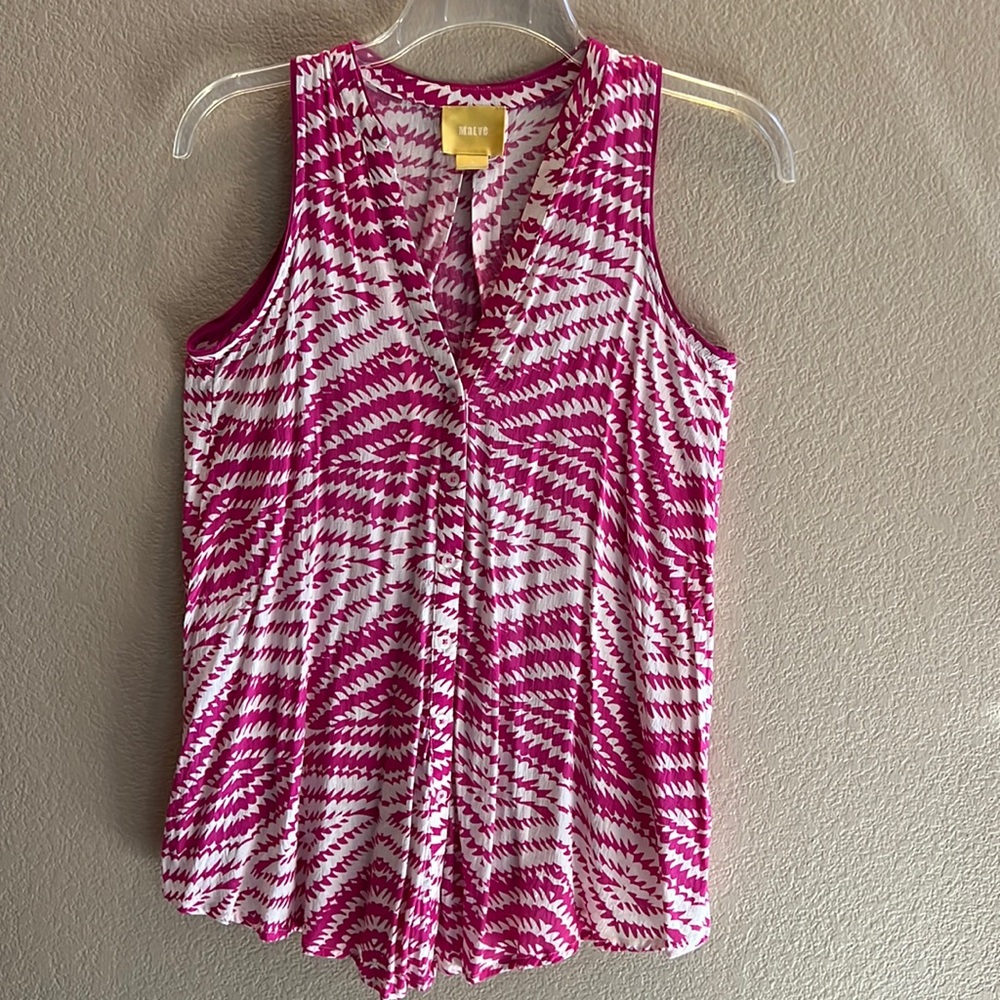 Maeve for Anthropologie Geometric Pink White Rayon Sleeveless Button Front Top